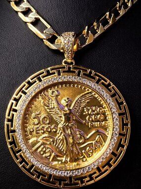 14K GP Mexican Centenario 50 CZ Pendant with Figaro Link Chain 24" 7mm